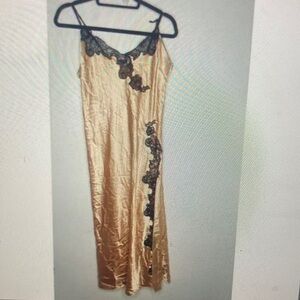 Satin Slip Dress with Black Lace Trim - Champagne